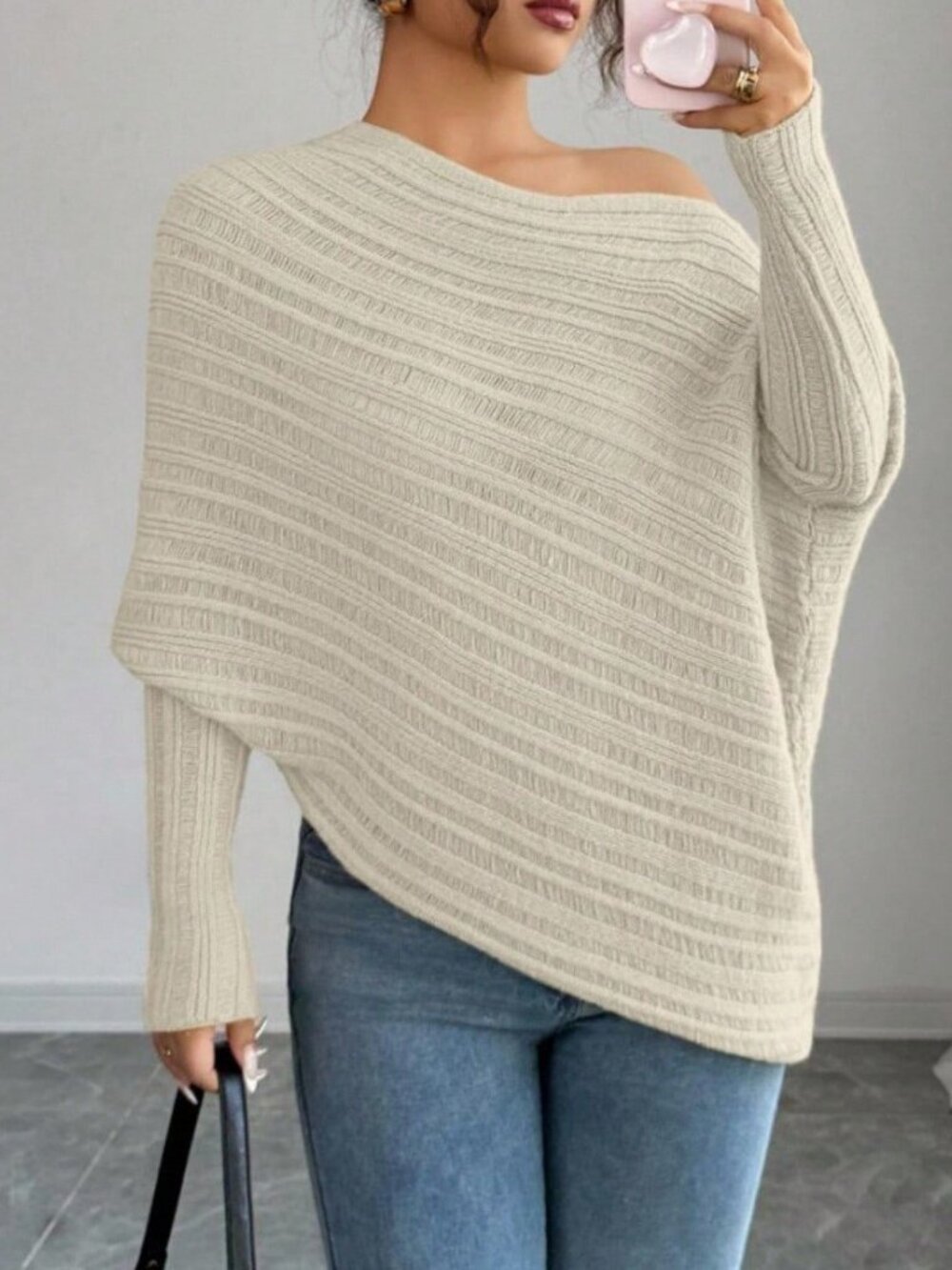 Apricot Casual Women's Asymmetrical Rib-Knit Batwing Pullovers